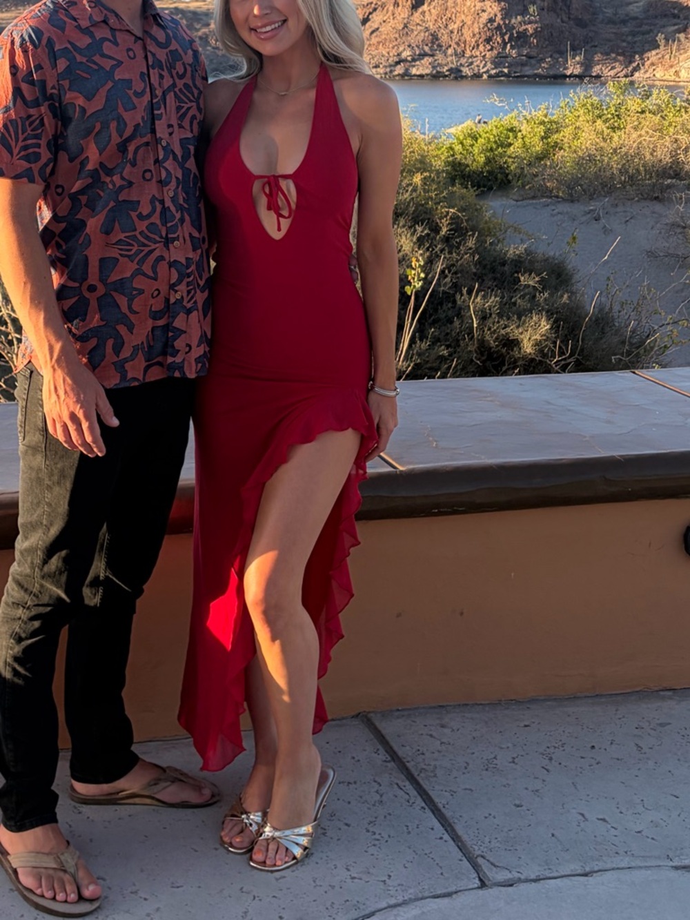White Fox Boutique Red Halter Maxi Dress with Ruffle Slit - Picture 13 of 14